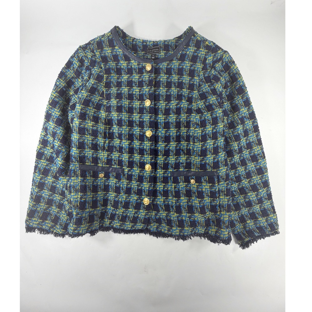 G by Giuliana Black Label Blue Yellow Plaid Tweed Jacket Frayed Hem 3X